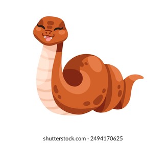 Happy laughing snake. Cute funny comic python, viper with joyful smile, excited emotion. Adorable kawaii joyous serpent character. Kids flat cartoon vector illustration isolated on white background