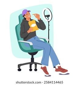 Happy laughing teenage girl influencer cartoon character enjoying live streaming sitting front of led lamp broadcasting online video on smarphone in social media eating chips snack vector illustration