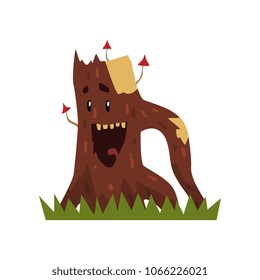 Happy laughing tree stump character with mushrooms and funny face vector Illustration on a white background