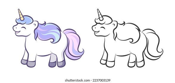 Happy laughing unicorn colored and outline illustration set. Easy coloring book page for kids.