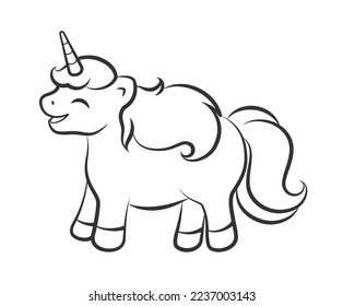 Happy laughing unicorn outline illustration. Easy coloring book page for kids.