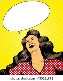 Happy laughing woman vector pop art retro comic style illustration, speech bubble