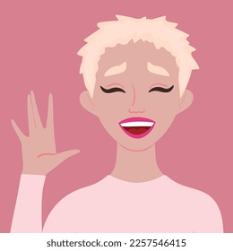 Happy laughing young blonde woman. Says Hello. Smiling. Flat style. Female. Laugh