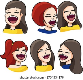 Happy laughing young girls character with various hair style,vector illustration,six different smile faces on white background.