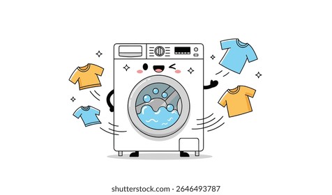 Happy laundry machine with clean clothes whimsical design vector illustration concept