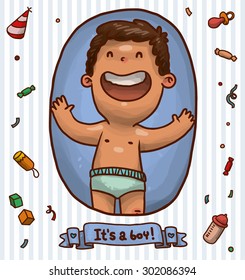happy lauthing boy, in frame, with pattern on background,vector