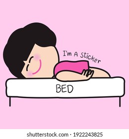 Happy Lazy Girl Sticks To The Bed Like She Is A Sticker Concept Card Character illustration