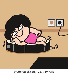 Happy Lazy Housewife Lying On A Wireless Robot Vacuum Machine Cleaner To Sweep And Mopping Her Home Floors Concept Card Character illustration