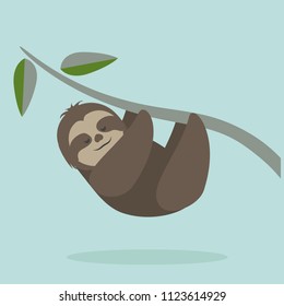 Happy lazy sloth vector. Cute sloth hanging on a tree branch illustration.
