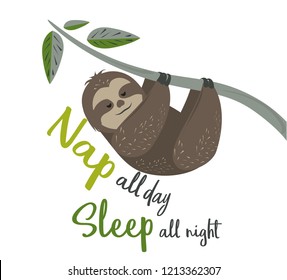 Happy Lazy Sloth Vector. Cute Sloth Hanging On A Tree Branch Illustration. Nap All Day Sleep All Night.