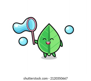 happy leaf cartoon playing soap bubble , cute style design for t shirt, sticker, logo element