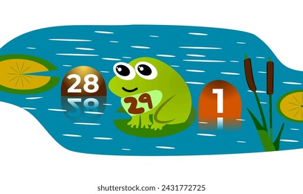 Happy leap day a frog on lily pad in a calm pond. leap day 29 February 2024 Happy leap day. Leap year, twenty nine, 2024, 29