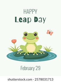 Happy Leap Day on 29 February with cute frog. Vector illustration