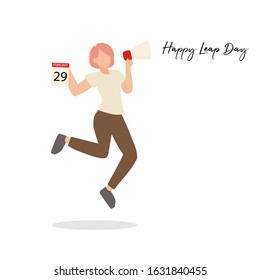 Happy Leap Day woman with a February 29 calendar with loudspeaker and hand lettering Illustration vector graphic.