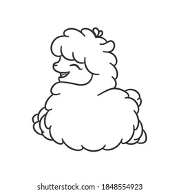 Happy leaping fluffy alpaca, sheep, llama animal cartoon outline. Easy fun coloring book page activity worksheet for kids children. Simple flat black and white vector illustration design. 