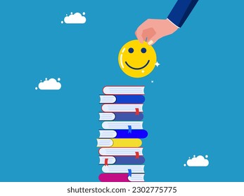 Happy learning. Businessman holding happy stack of books
