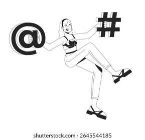 Happy learning programming line illustration concept. IT school course. Coder girl. Social media. Woman holding at sign and hashtag outline 2D character isolated. Ink linear metaphor vector art