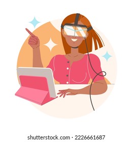 Happy Learning Woman Character in Augmented Reality Glasses Sitting at Desk with Tablet Studying Vector Illustration