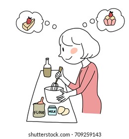 Happy leisure concept with cute woman thinking of cakes and whisking batter in mixing bowl. Eggs, a bottle of ingredient, milk, flour bag are on the table. Vector illustration with hand-drawn style