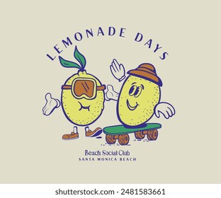 happy lemon cartoon skating having chill vector art, funny lemon artwork for kids t shirt, retro summer graphic print design, beach fun tee