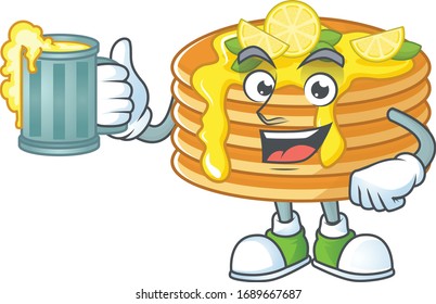 Happy lemon cream pancake mascot style toast with a glass of beer