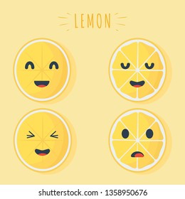 Happy lemon fruit with cute kawaii faces, cute vegetable characters with phrases, isolated white - Vector