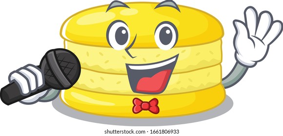 Happy lemon macaron singing on a microphone