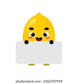 happy lemon mascot holding banner