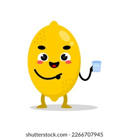 happy lemon mascot holding glass drink