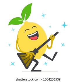 Happy lemon playing on a broom