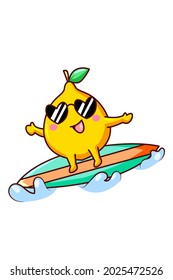 Happy lemon surfing in sea in summer cartoon illustration