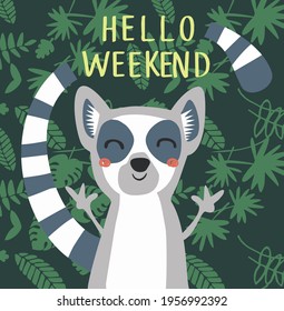 Happy Lemur On Jungle Background. Vector Illustration.