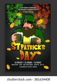 Happy Leprechaun with beer mugs on falling gold coins and glossy shamrock leaves decorated background, Elegant Pamphlet, Banner or Flyer for St. Patrick's Day celebration.