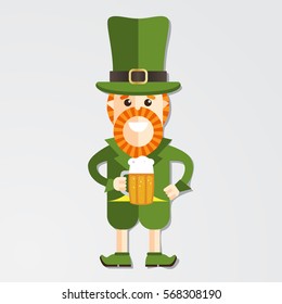 Happy leprechaun with big mug of beer on white background. Happy St. Patrick's Day greeting card.