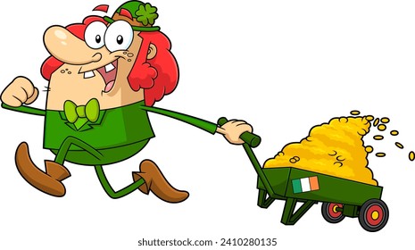 Feliz Personaje De Caricatura De Leprechaun Sacando Un Carro Con Monedas De Oro. Ilustración dibujada a mano vectorial aislada en fondo transparente