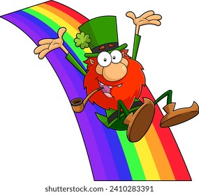 Feliz Personaje De Caricatura De Leprechaun Montando Un Arcoiris. Ilustración dibujada a mano vectorial aislada en fondo transparente