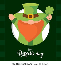 Happy leprechaun with clover in hand. Vector