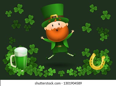 Happy Leprechaun, clover, horseshoe and beer mug. Saint Patricks Day greeting card template. For leaflets, brochures, invitations, posters or banners.