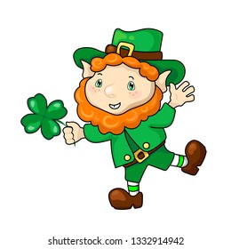Happy Leprechaun with clover, St Patrick's Day vector illustration on white background. Funny dwarf in green shamrock. Cute character gnome. Smiling leprechaun icon or logo. Irish kids sticker