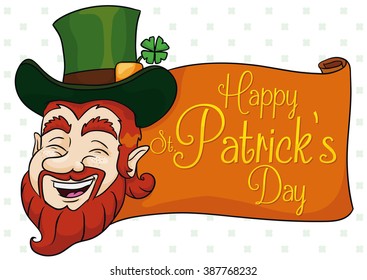 Happy leprechaun elf ready to party in St. Patrick's Day with scroll and golden text.