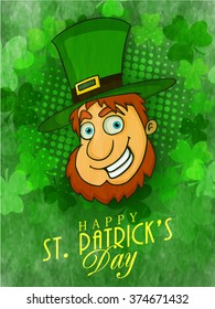Happy Leprechaun face in hat on shamrock leaves decorated background, can be used as pamphlet, banner or flyer design for St. Patrick's Day celebration.