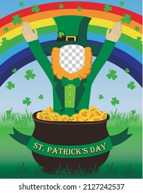 Happy Leprechaun Gnome in pot of gold coins. Rainbow and clover background. St Patrick's day Photo booth.