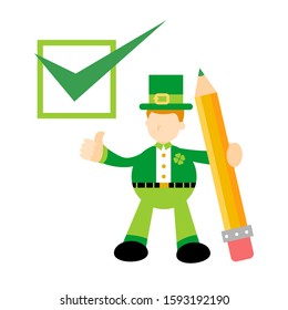 happy leprechaun and green checklist cartoon doodle flat design style vector illustration