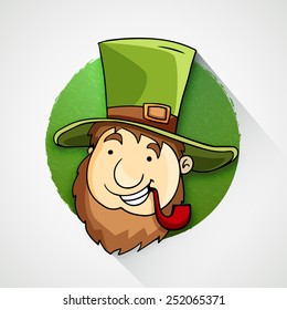 Happy Leprechaun in hat smocking tobacco pipe on occasion of Happy St. Patrick's Day celebration.