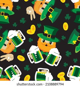 Happy Leprechaun head with green beer glasses. Seamless pattern. St Patrick's day vector illustration.