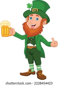 happy leprechaun holding beer on white background