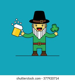 Happy leprechaun holding clover and beer, celebrating in Saint Patrick's Day.