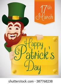 Happy leprechaun holding golden placard with Patrick's Day greeting message with orange ribbon with this special date.