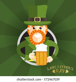 Happy leprechaun holding a large mug of beer. Design congratulations on the day of St. Patrick. Modern flat style
