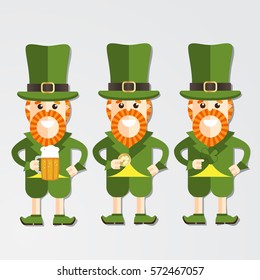 Happy leprechaun holding a large mug of beer, leaf of clover and golden coin. Congratulations on the day of St. Patrick. Modern flat style